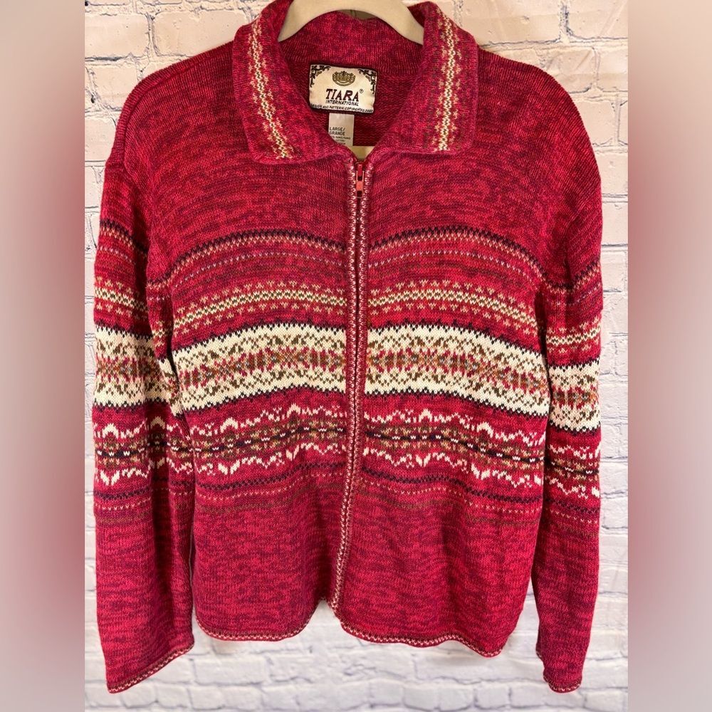 Vintage Tiara Int'l Pink Fair Isle Cottagecore Preppy Cardigan Zip Sweater L